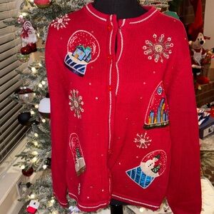 All Points Womens Christmas Snow Globe Sweater Cardigan Sz MED